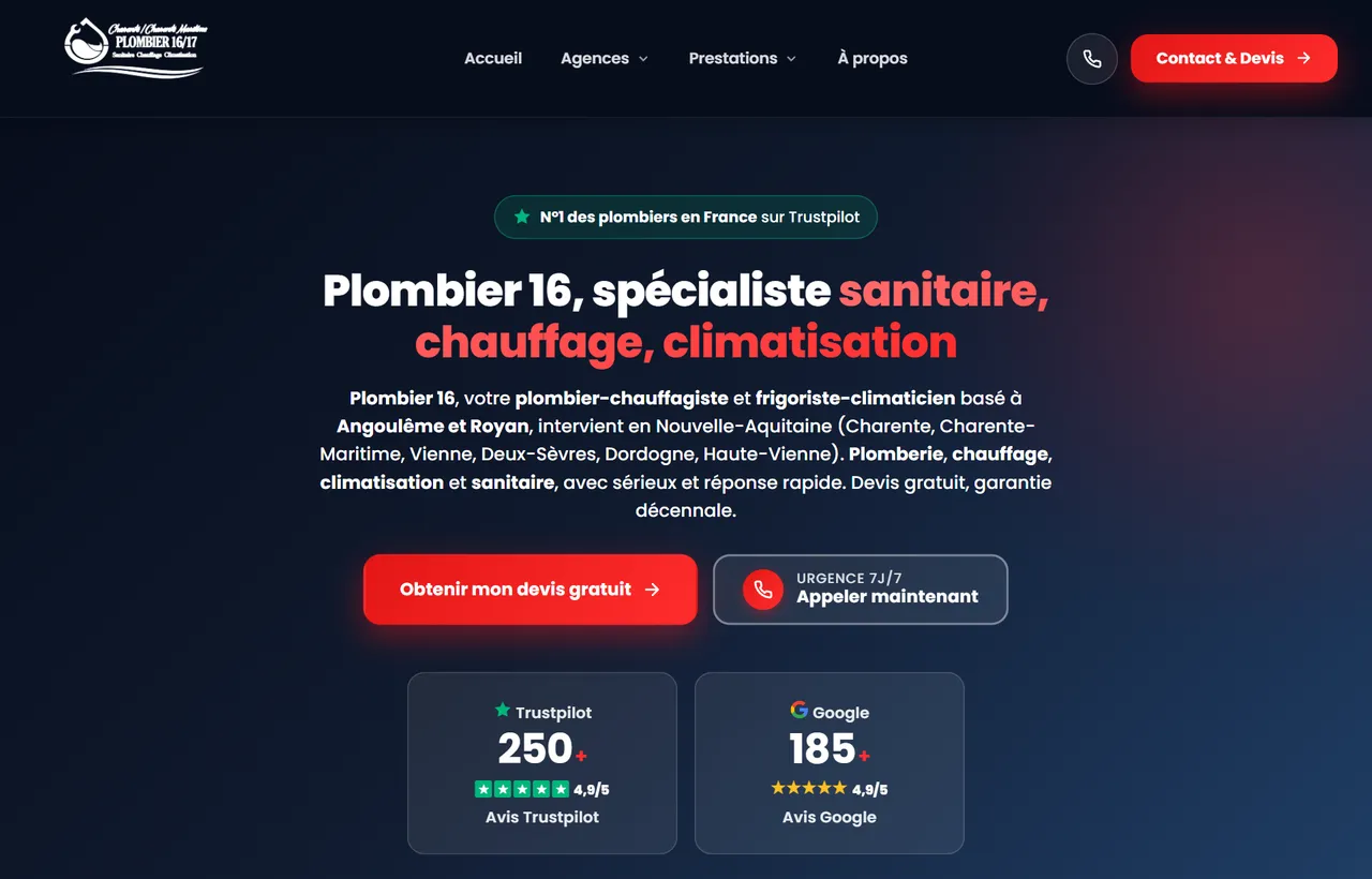 Page d'accueil du site Plombier 16
